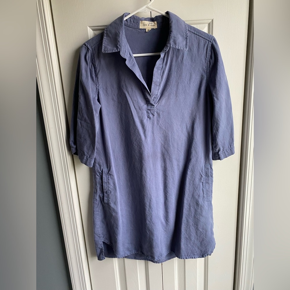 Anthropologie Cloth & Stone Blue Roll Tab Sleeve Tencel Mini Shirt Dress Size XS